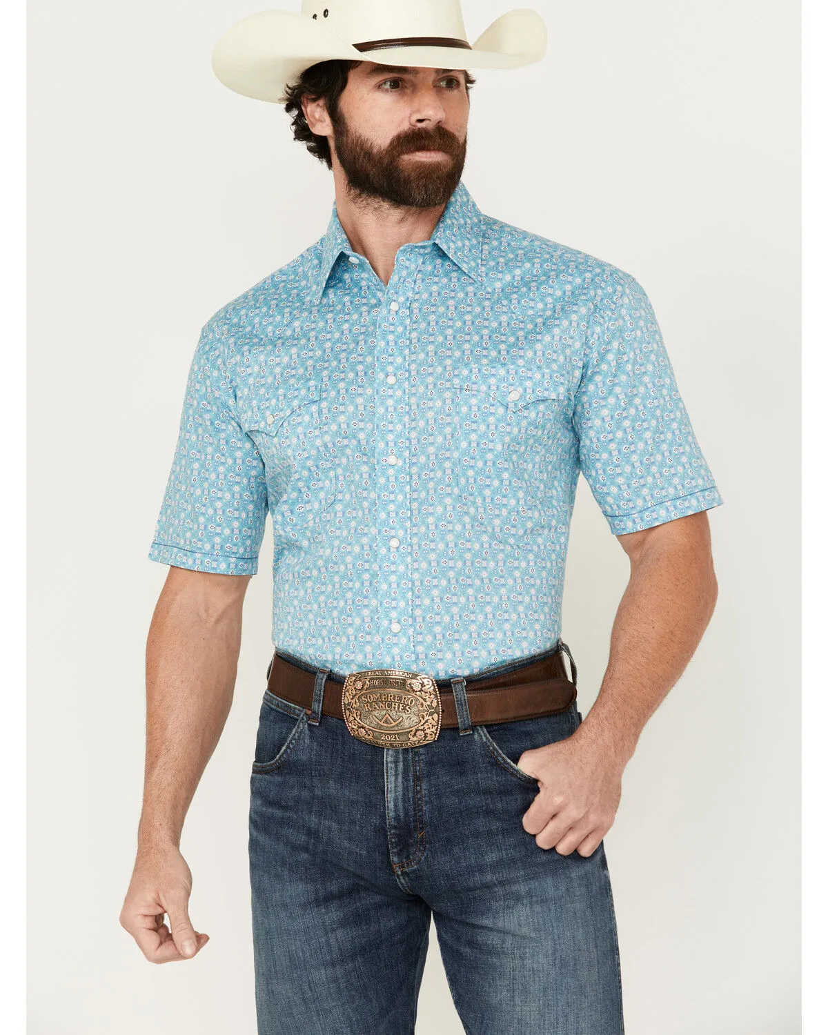 Product Name:  Panhandle Men's Southwestern Print Short Sleeve Pearl Snap Stretch Western Shirt