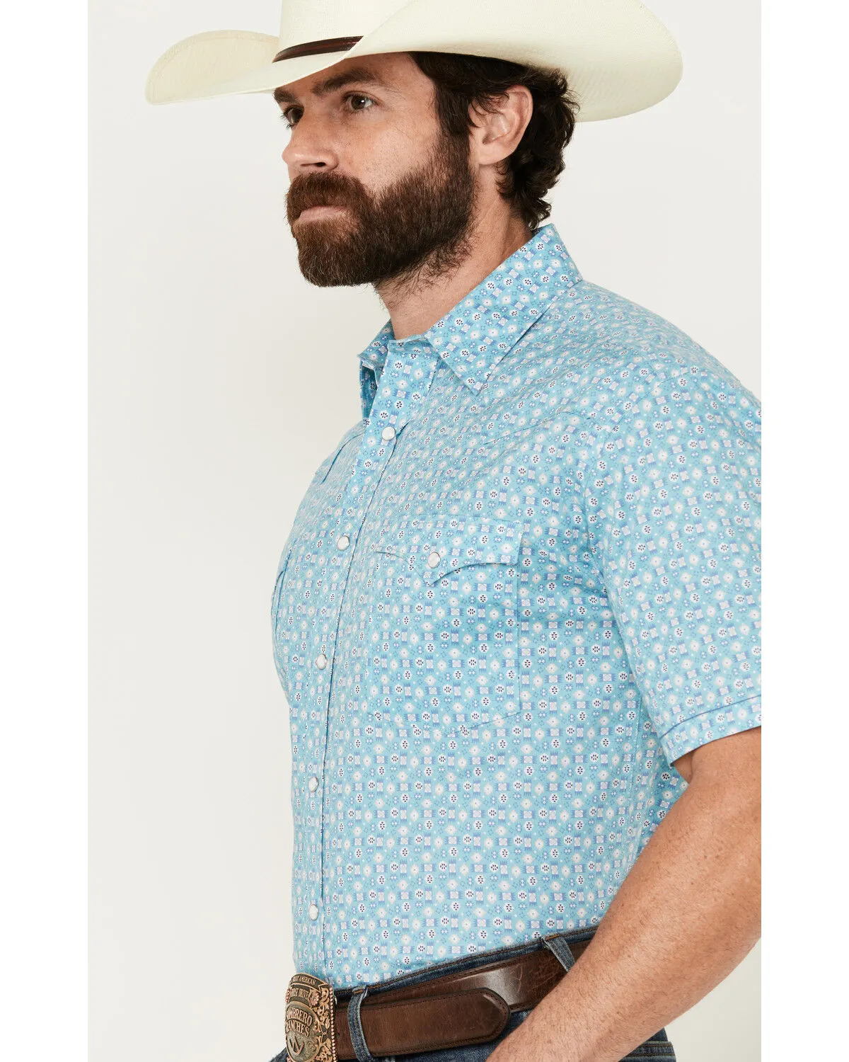 Product Name:  Panhandle Men's Southwestern Print Short Sleeve Pearl Snap Stretch Western Shirt