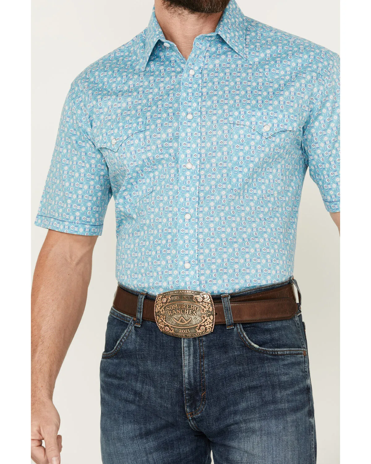 Product Name:  Panhandle Men's Southwestern Print Short Sleeve Pearl Snap Stretch Western Shirt