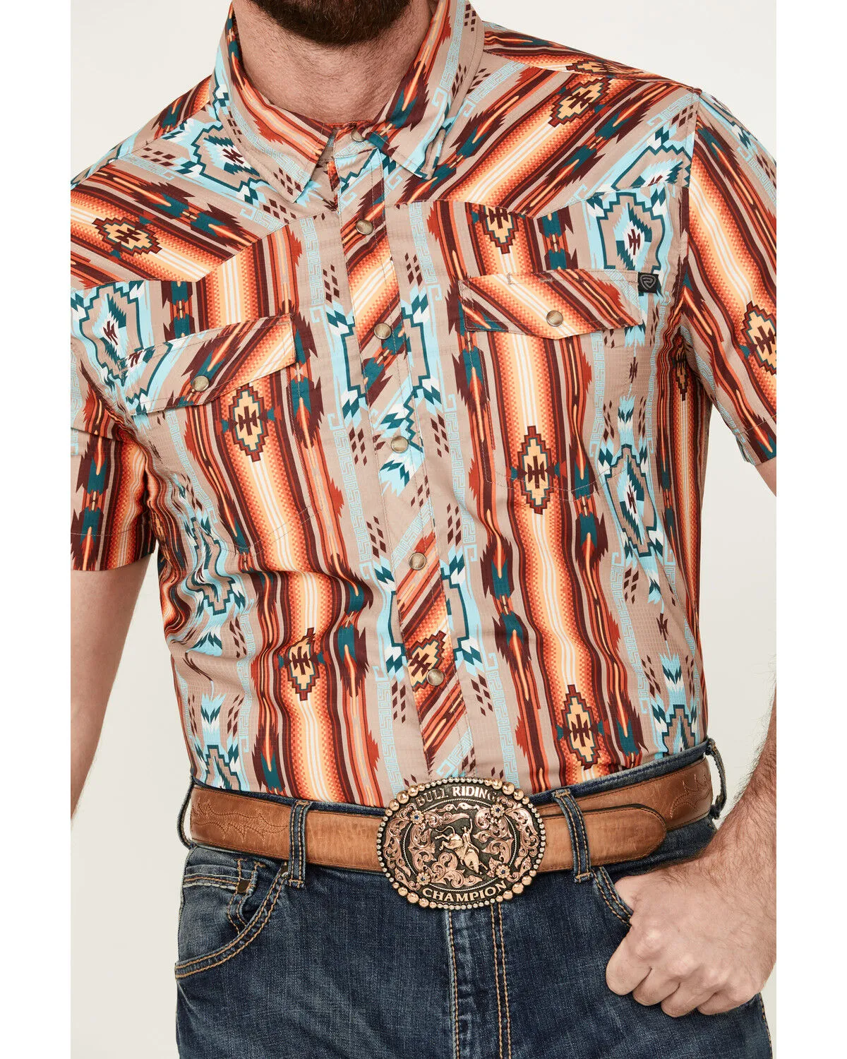 Product Name:  Rock & Roll Denim Men's Southwestern Short Sleeve Pearl Snap Western Shirt