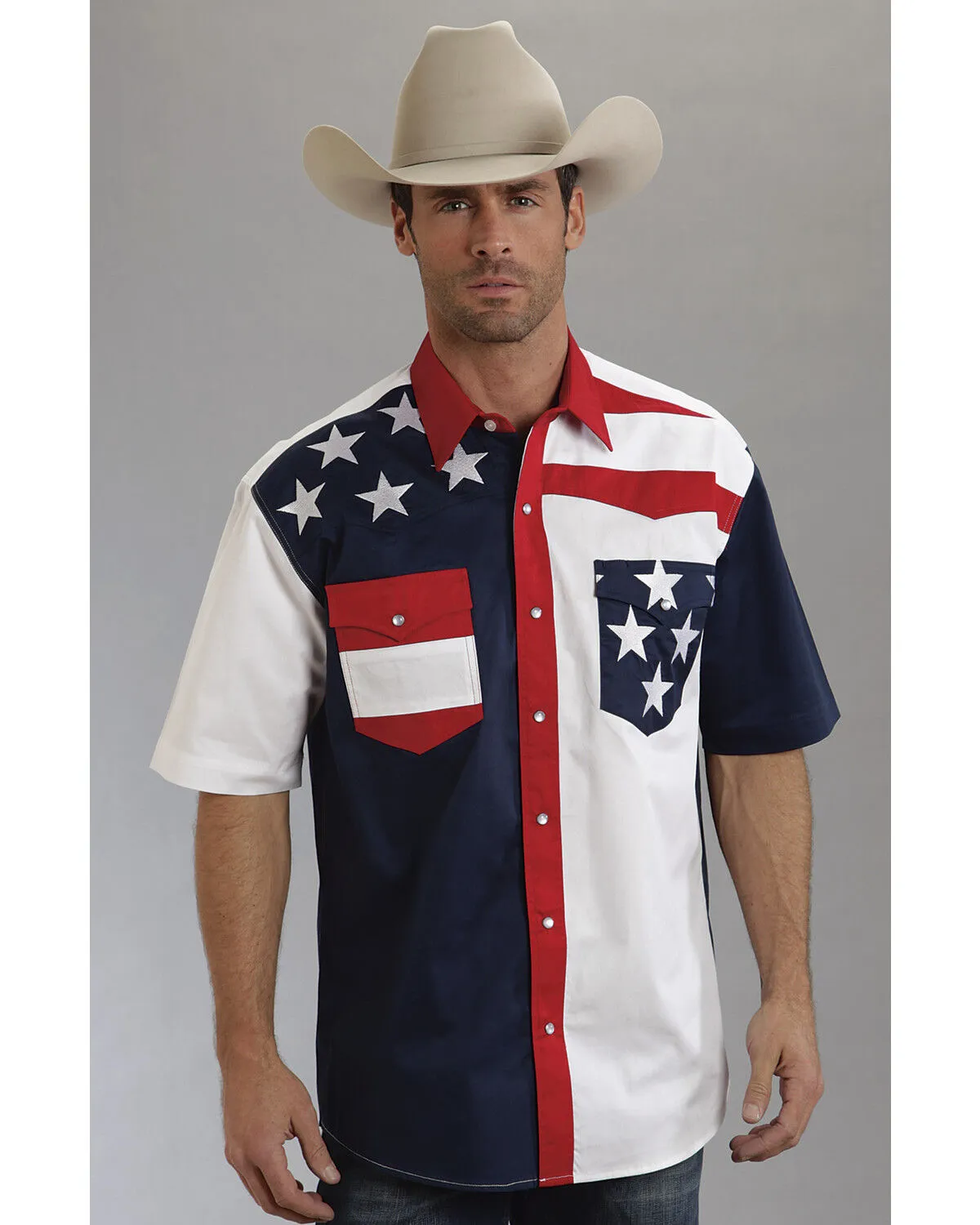 Product Name:  Roper Americana Collection Men's Stars and Stripes Print Short Sleeve Western Shirt