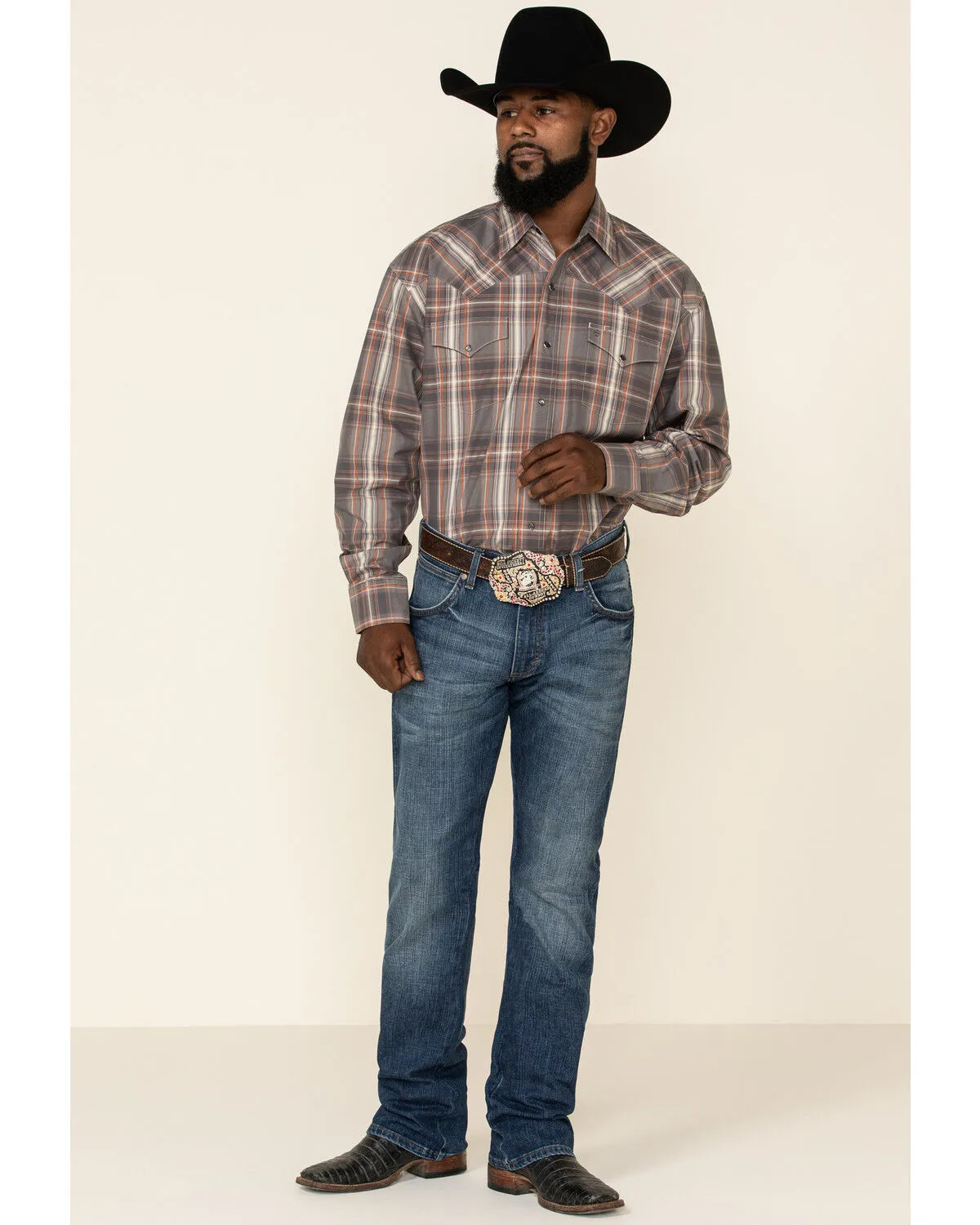 Product Name:  Stetson Men's Gray Adobe Large Plaid Long Sleeve Western Shirt