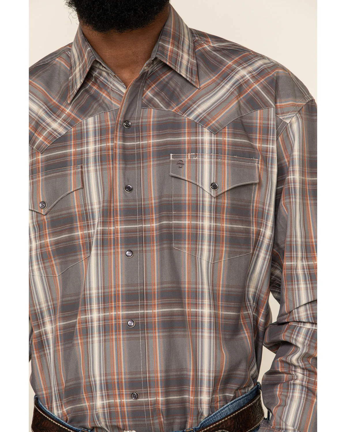 Product Name:  Stetson Men's Gray Adobe Large Plaid Long Sleeve Western Shirt