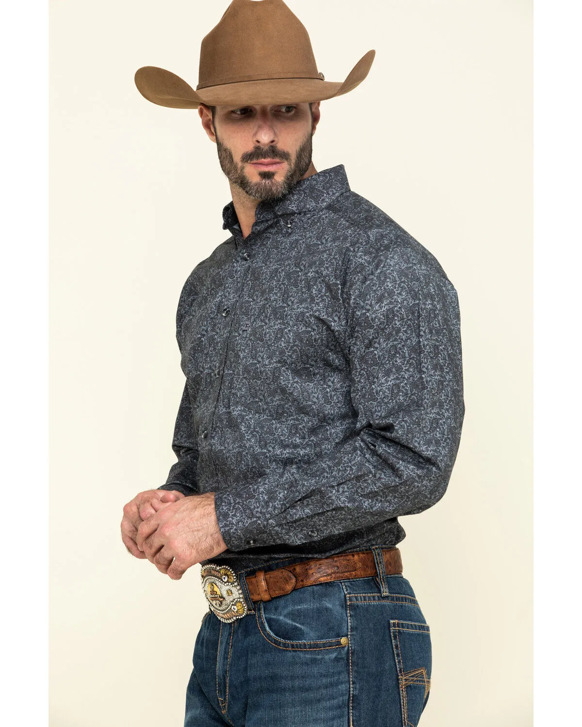 Product Name:  Tuf Cooper Men's Black Stretch Paisley Poplin Print Long Sleeve Western Shirt