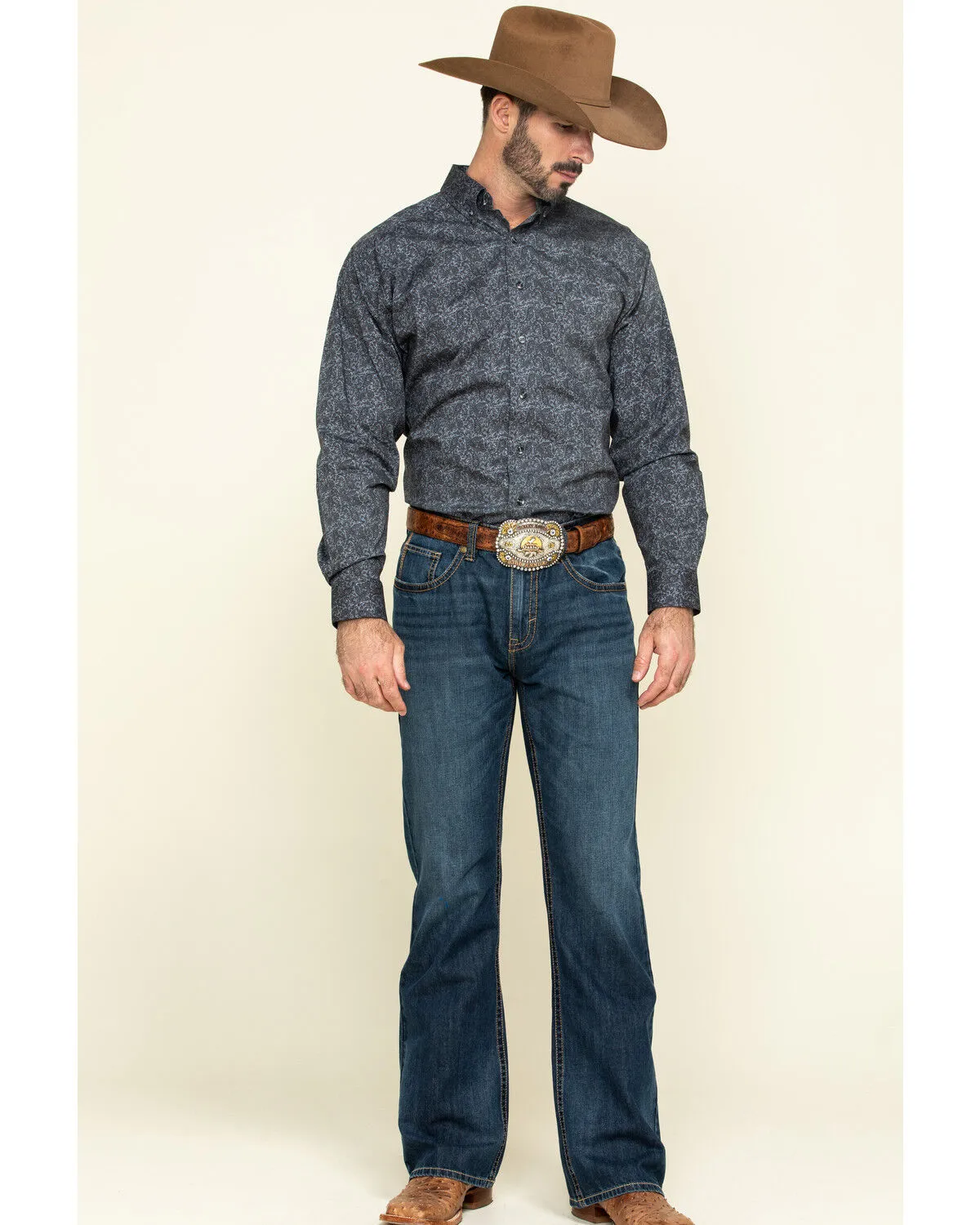 Product Name:  Tuf Cooper Men's Black Stretch Paisley Poplin Print Long Sleeve Western Shirt