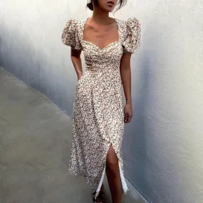 Puff Short Sleeve Women Summer Midi Dress Vintage V Neck White Floral Print French Style Sundress Sexy Slit Party Dresses 2022