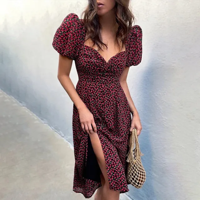 Puff Short Sleeve Women Summer Midi Dress Vintage V Neck White Floral Print French Style Sundress Sexy Slit Party Dresses 2022