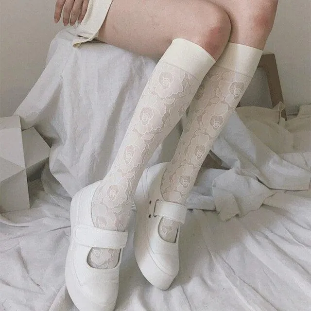 Retro Embroidery Floral Stocking With High Ealstic Long Knee