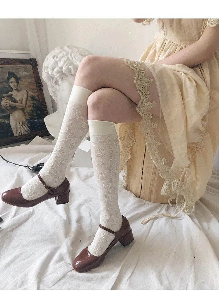 Retro Embroidery Floral Stocking With High Ealstic Long Knee