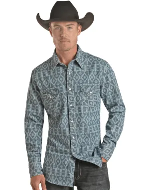 Rock & Roll Denim BMN2S02671 Mens Aztec Print Long Sleeve Western Shirt Blue