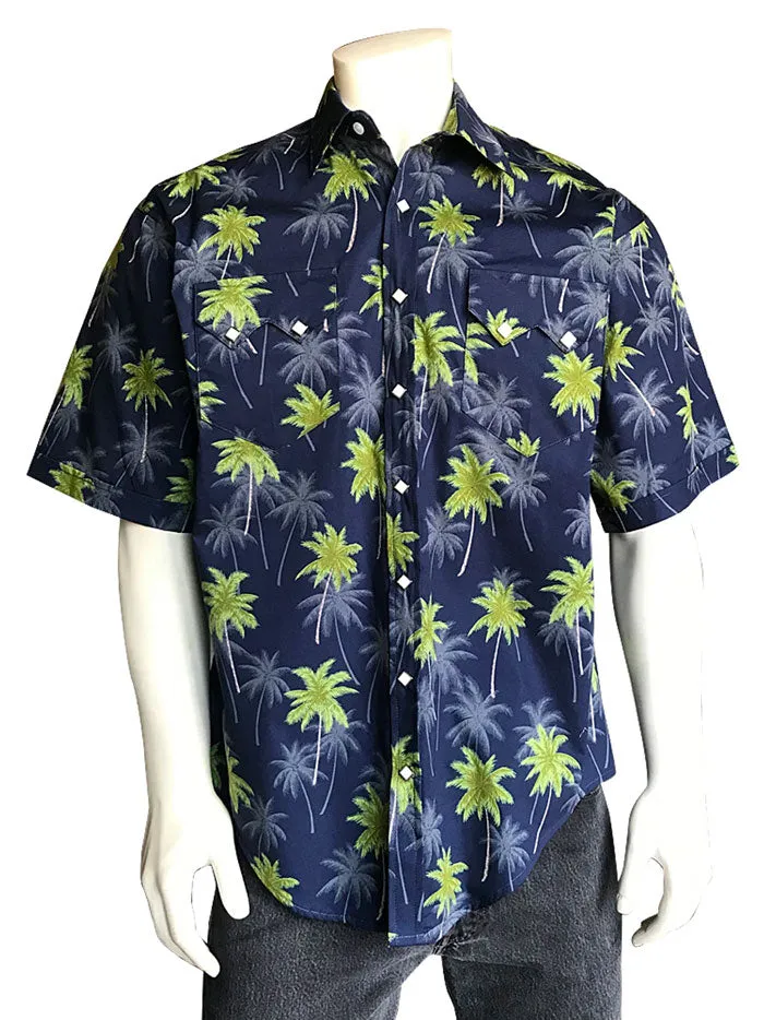 Rockmount 1642 Mens Palm Tree Short Sleeve Hawaiian Western Shirt Navy