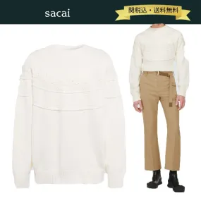 sacai  |U-Neck Long Sleeves Plain Cotton Designers Sweaters