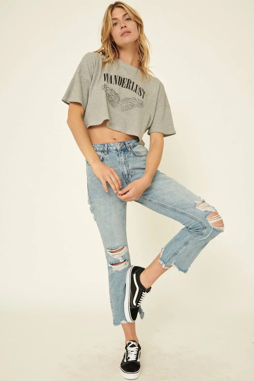 Sale Wanderlust Angel Distressed Cropped Graphic Tee