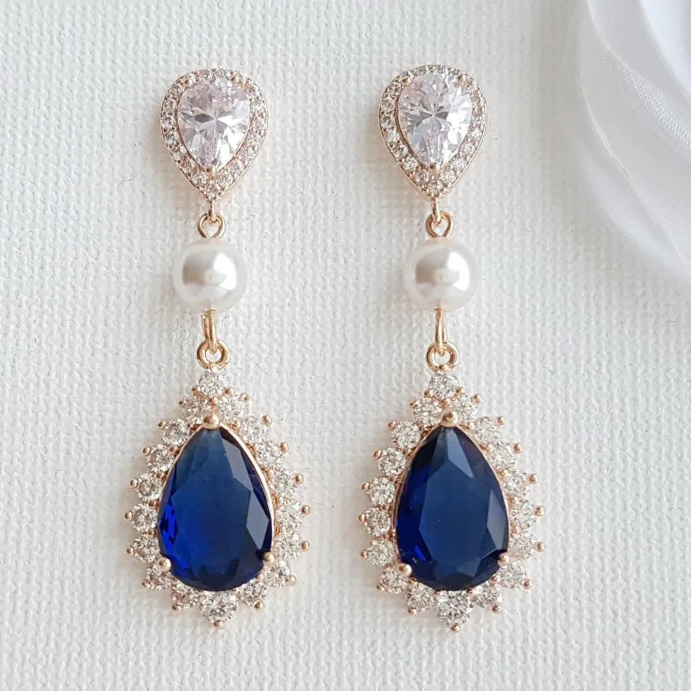 Sapphire Blue Drop Earrings Rose Gold- Aoi