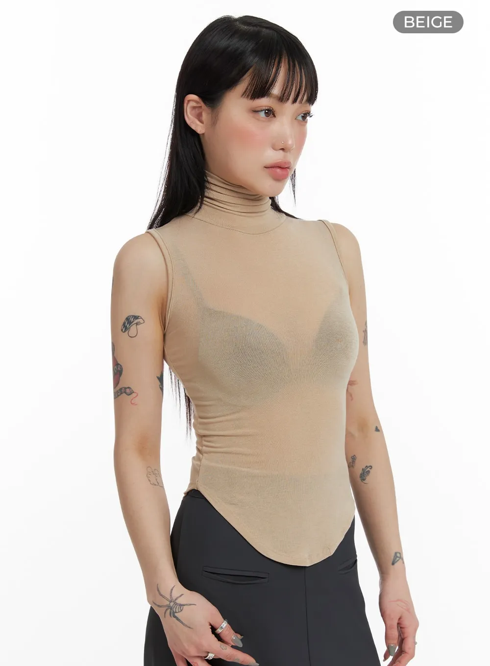 Sheer Turtleneck Sleeveless Tank Top IF423