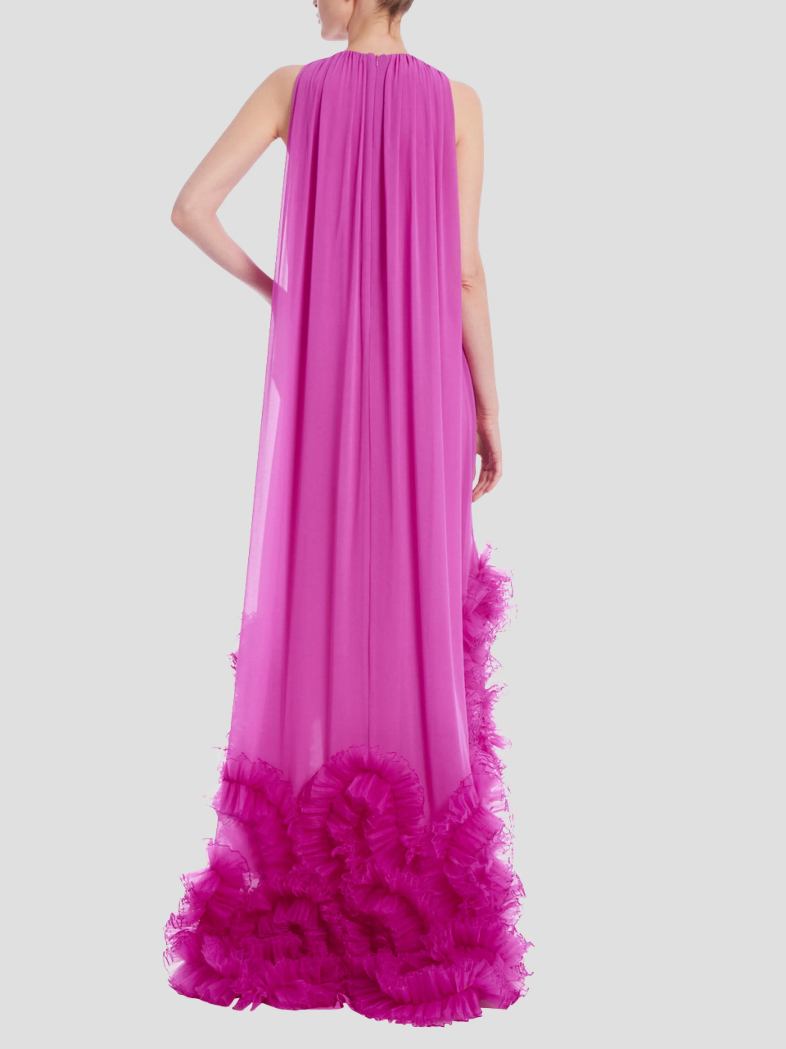 Sleeveless High-Low Dress with Tulle Ruffle Hem in Orchid