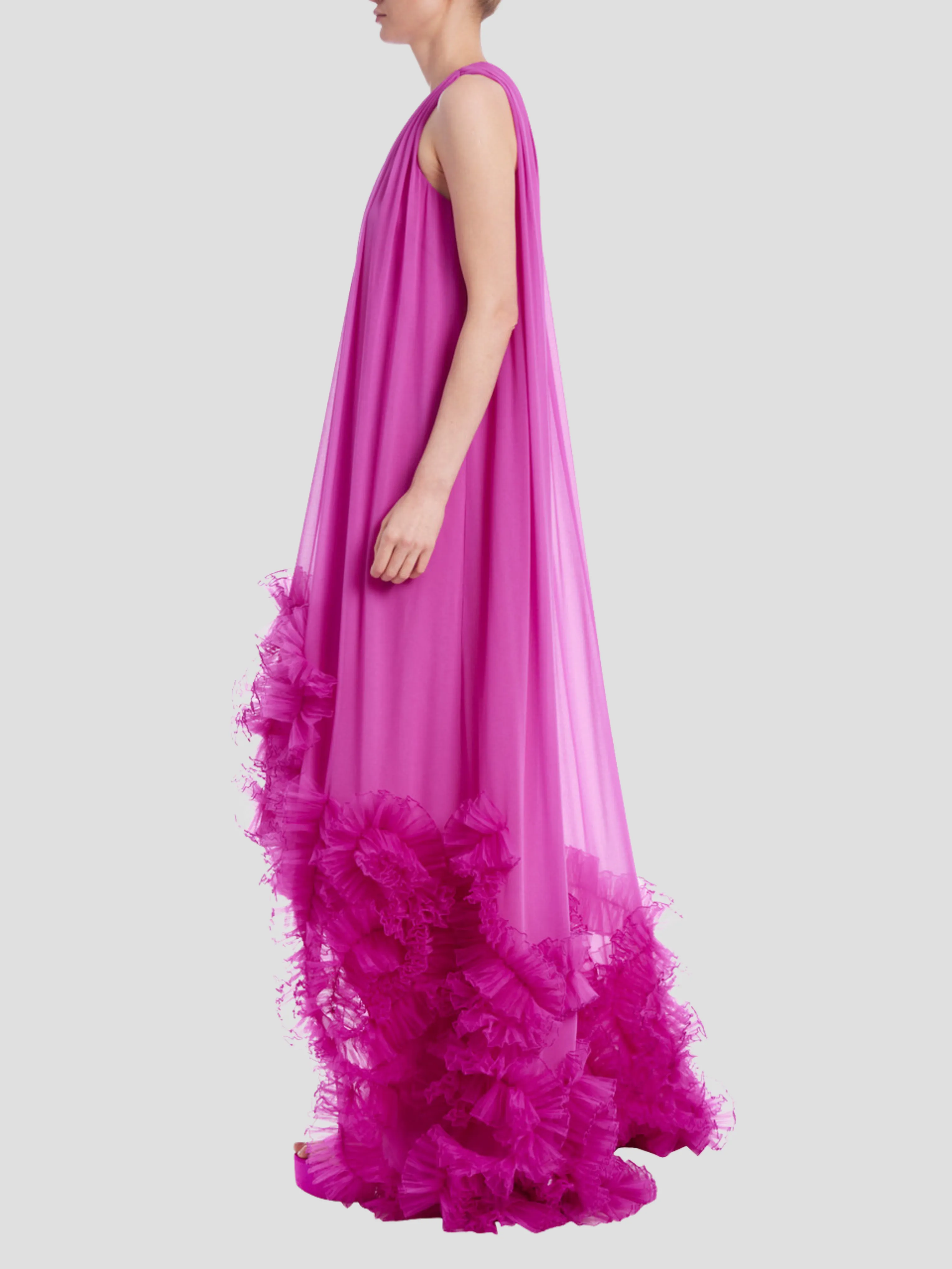 Sleeveless High-Low Dress with Tulle Ruffle Hem in Orchid