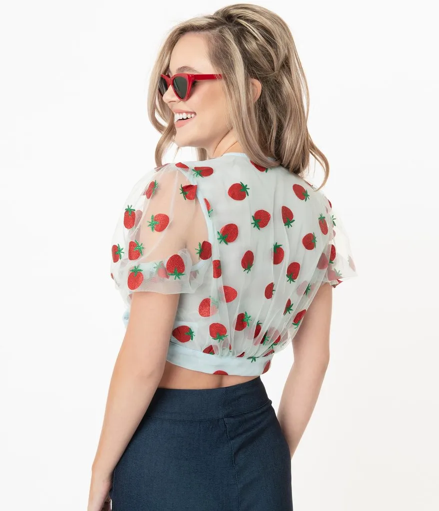 Smak Parlour Blue & Red Strawberry Roller Queen Crop Blouse (XS, XL and 1XL ONLY)