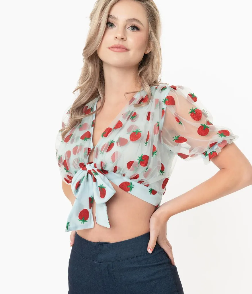 Smak Parlour Blue & Red Strawberry Roller Queen Crop Blouse (XS, XL and 1XL ONLY)