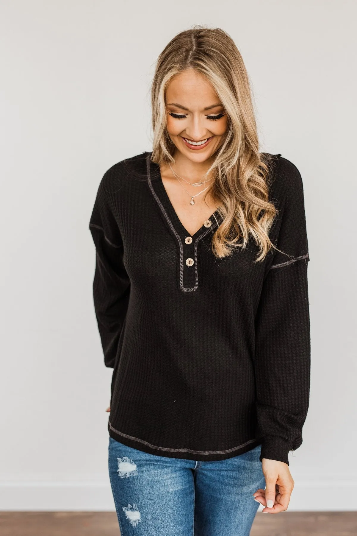 Sweet Nothings Waffle Knit Top- Black