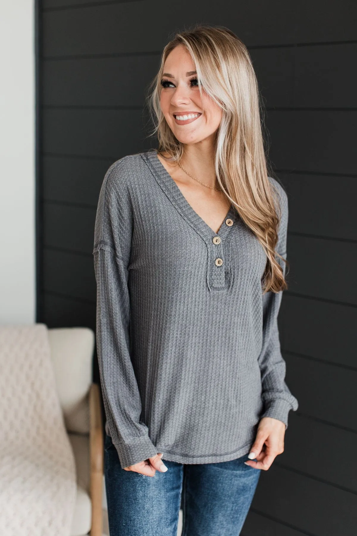 Sweet Nothings Waffle Knit Top- Charcoal