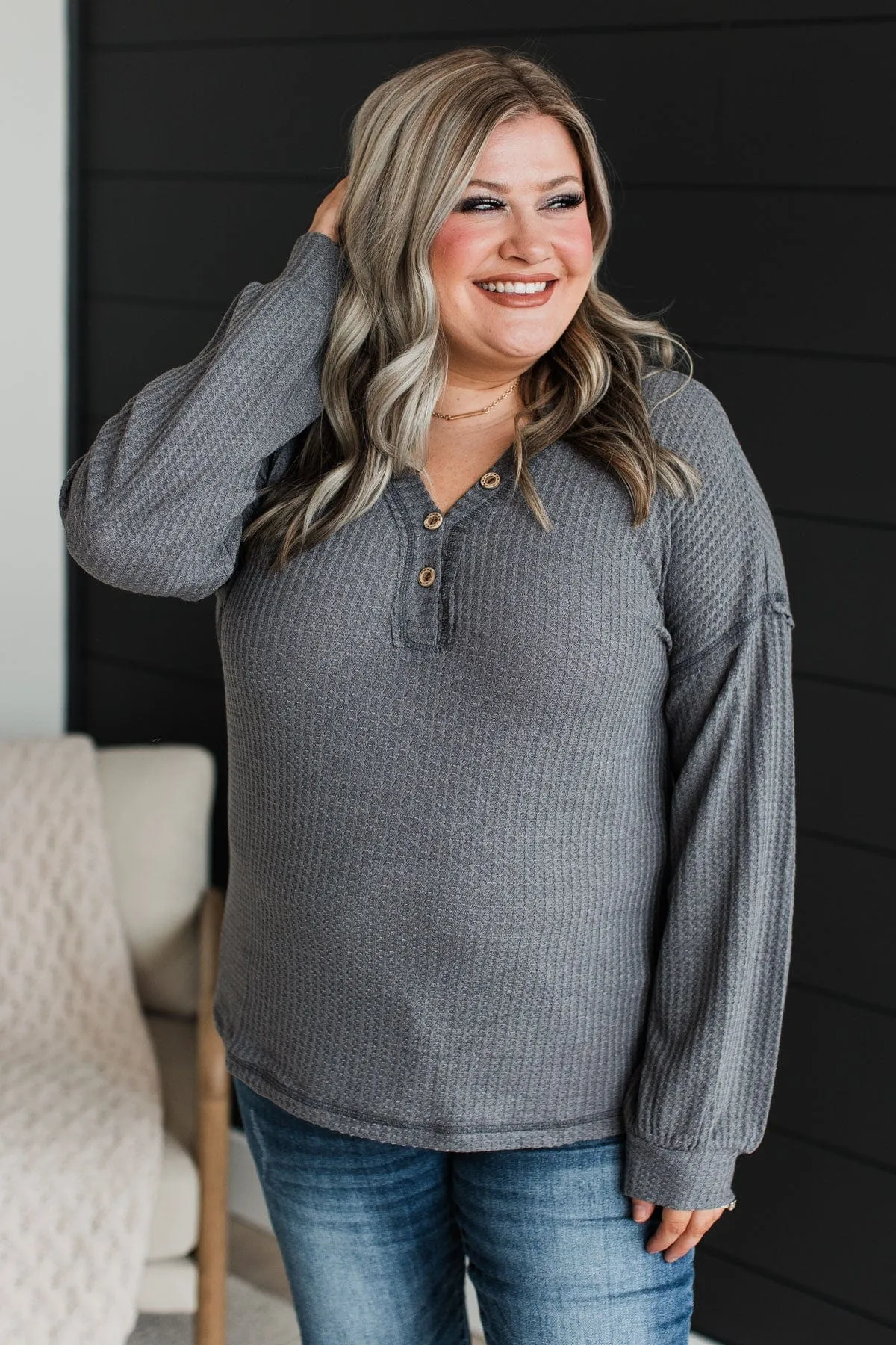 Sweet Nothings Waffle Knit Top- Charcoal