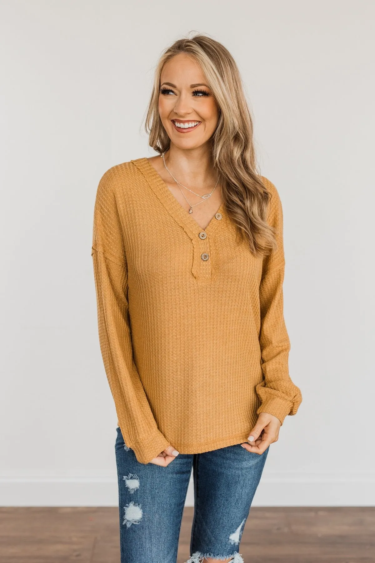 Sweet Nothings Waffle Knit Top- Mustard