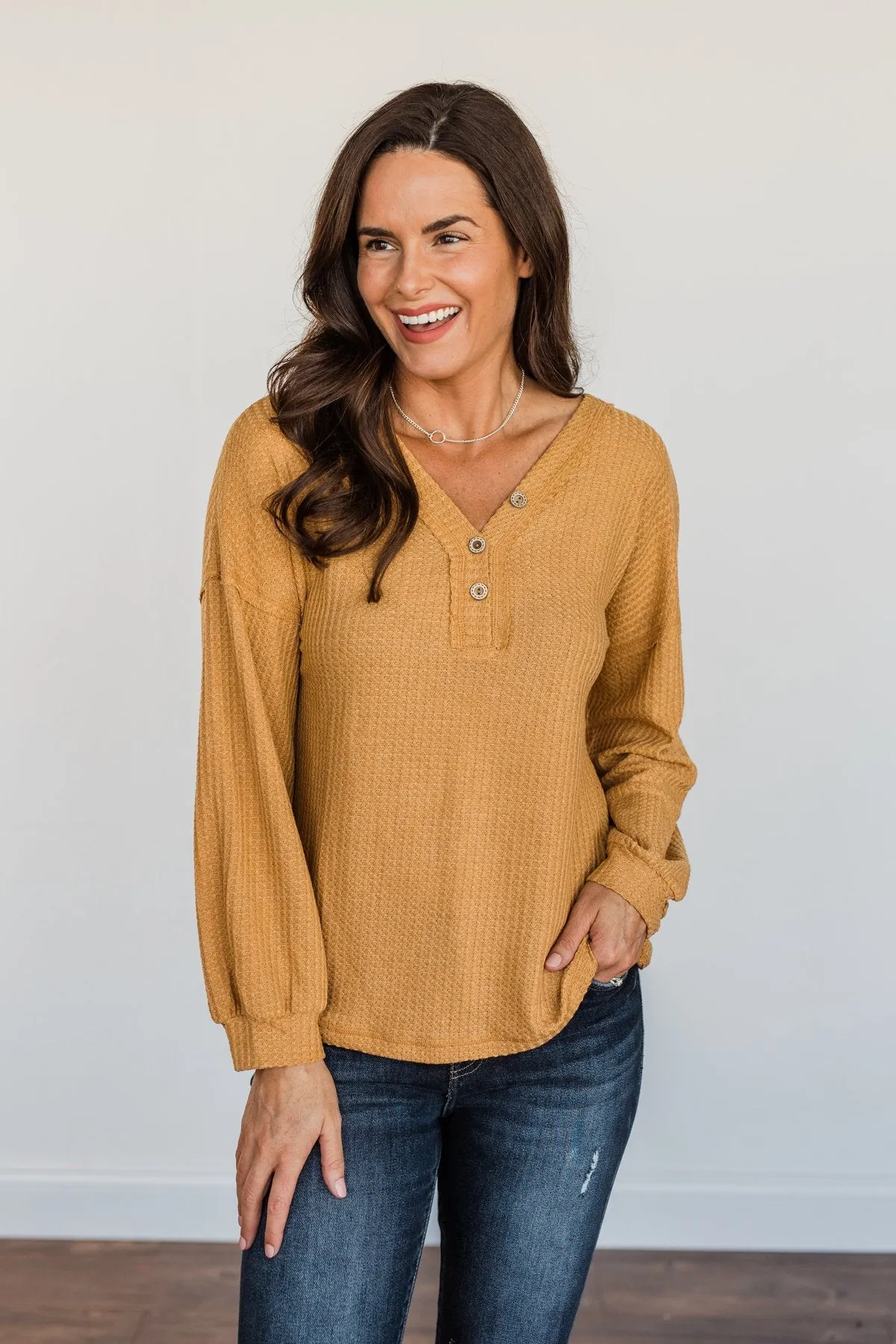 Sweet Nothings Waffle Knit Top- Mustard