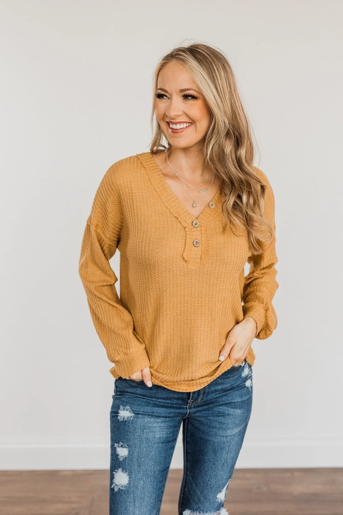 Sweet Nothings Waffle Knit Top- Mustard