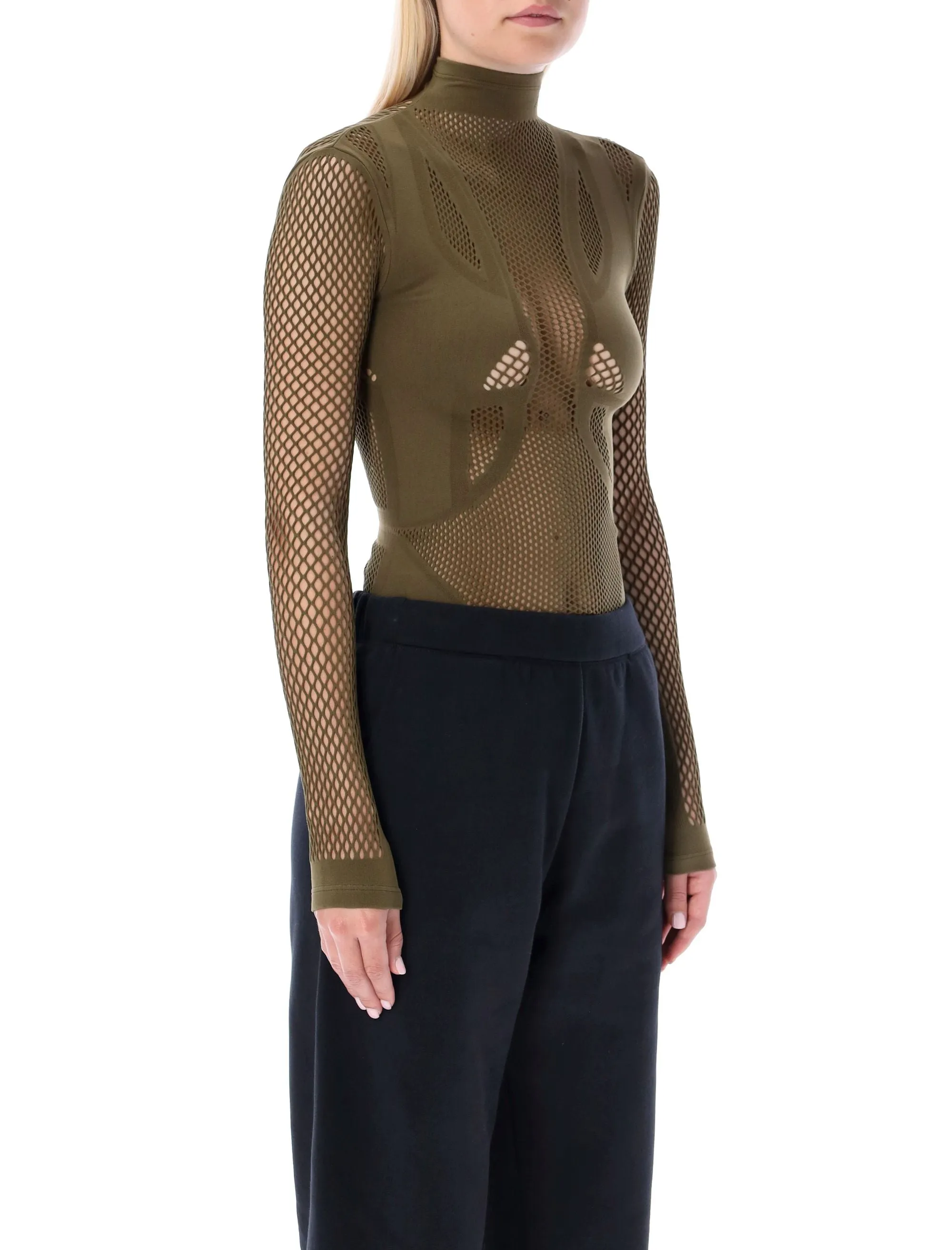 The Attico Turtleneck Long-Sleeve Mesh Bodysuit