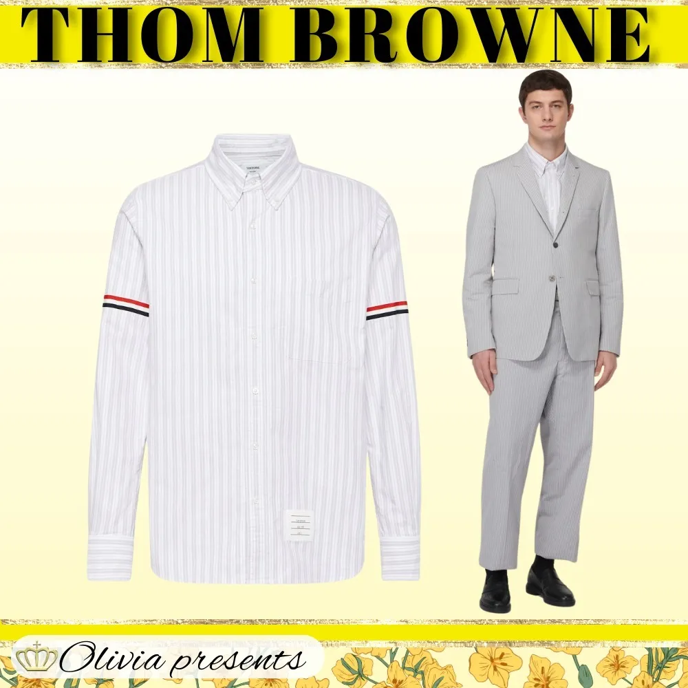 THOM BROWNE  |Stripes Long Sleeves Cotton Logo Designers Shirts