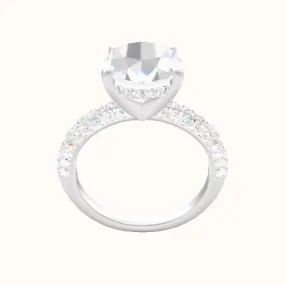 Three Row Pave Engagement Ring With V Prong with Hidden Halo Head