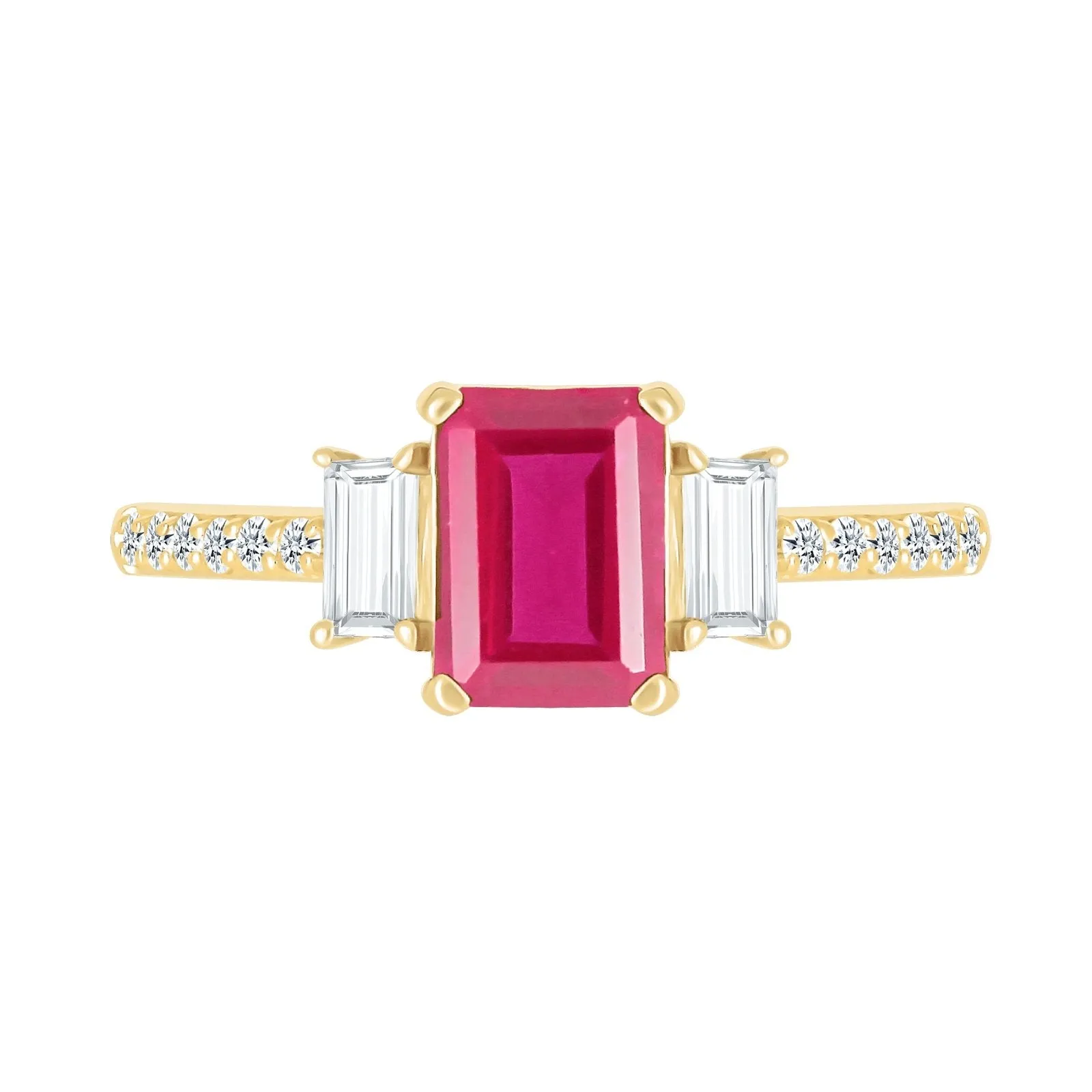 Three Stone Emerald Cut Ruby Ring with White Sapphire Band