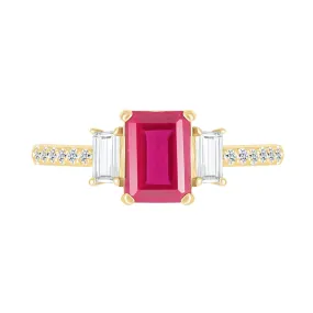 Three Stone Emerald Cut Ruby Ring with White Sapphire Band