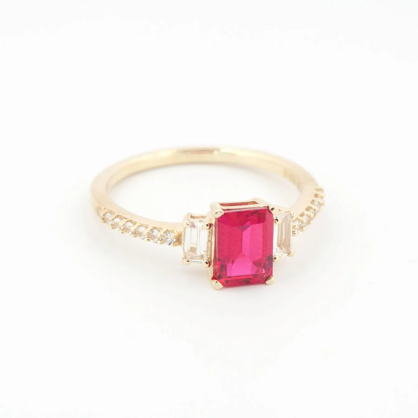 Three Stone Emerald Cut Ruby Ring with White Sapphire Band