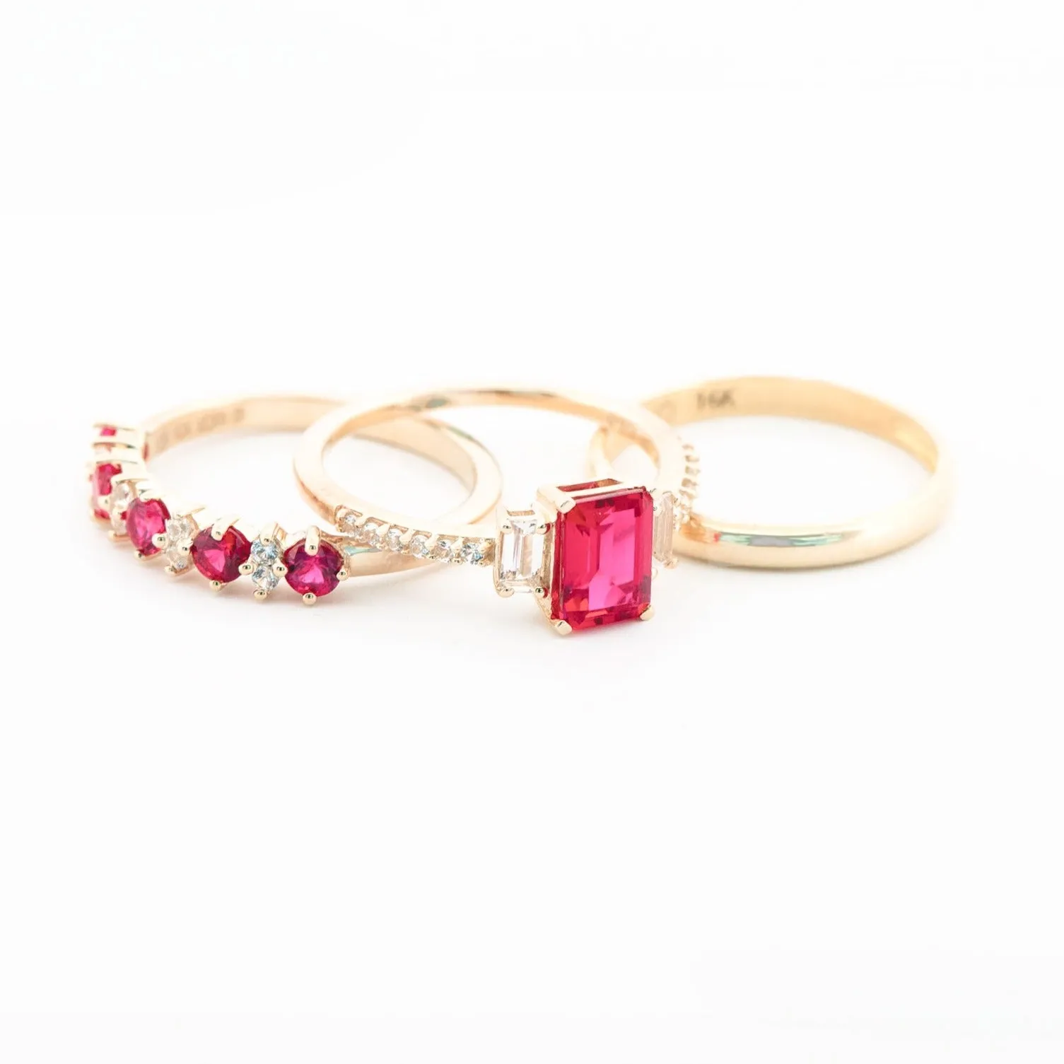 Three Stone Emerald Cut Ruby Ring with White Sapphire Band