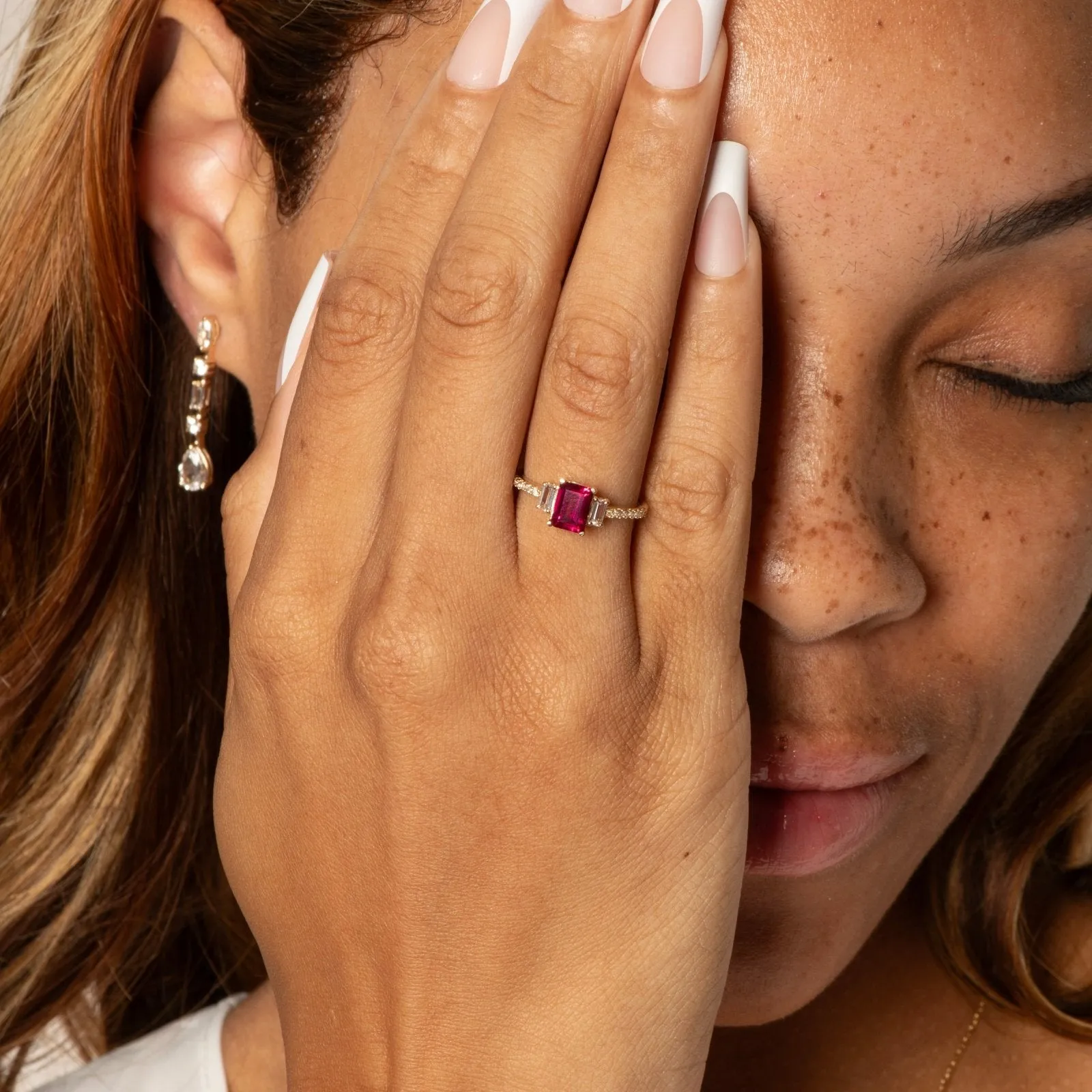 Three Stone Emerald Cut Ruby Ring with White Sapphire Band