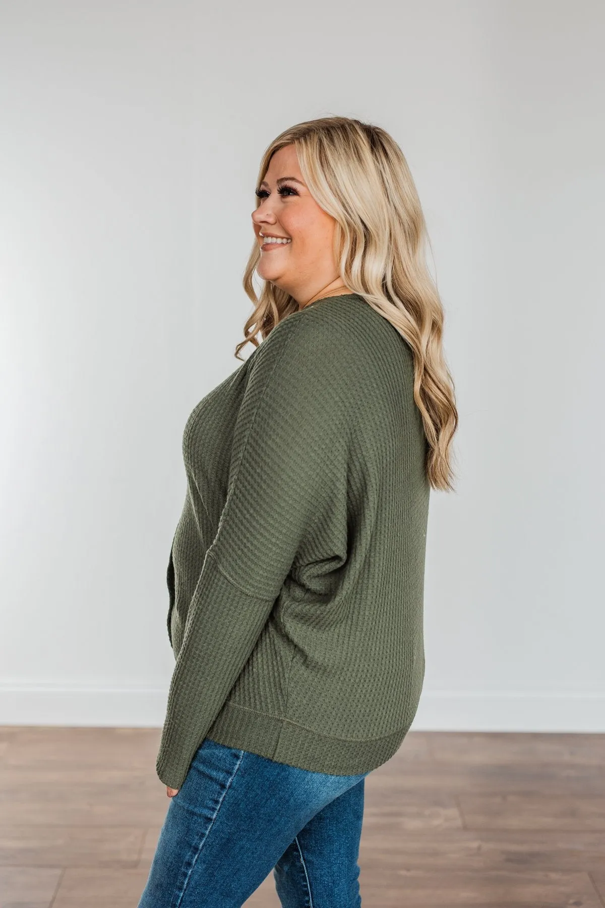 Turning A New Leaf Long Sleeve Waffle Knit Top- Army Green