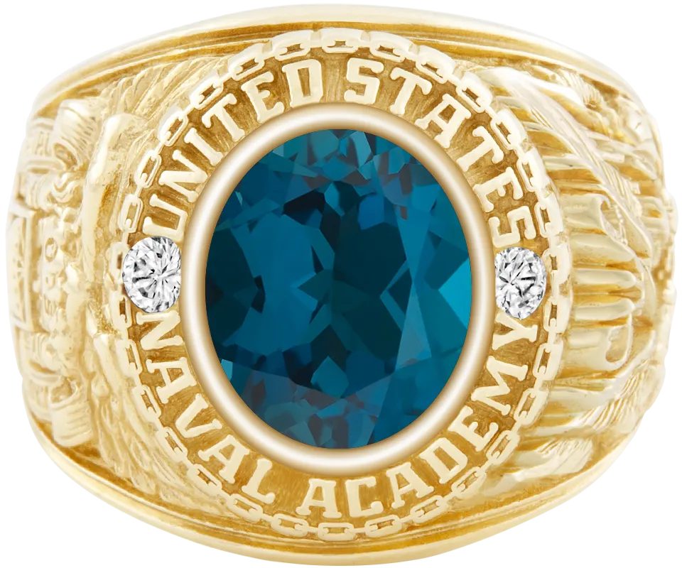 USNA Class Ring Mod with London Blue Topaz Centerpiece and Diamond Dividers