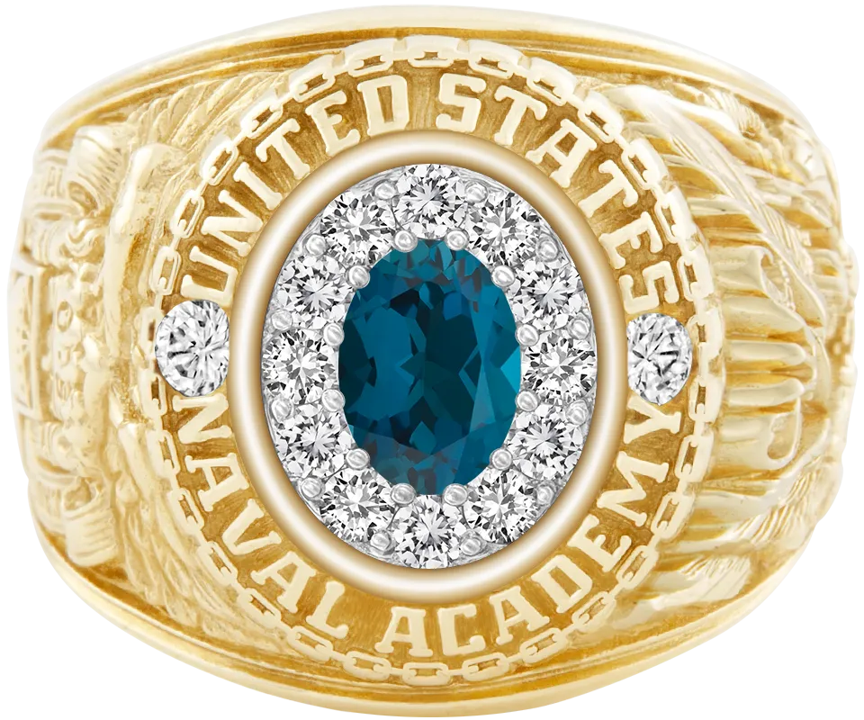 USNA Class Ring Mod with London Blue Topaz Centerpiece and Diamond Dividers