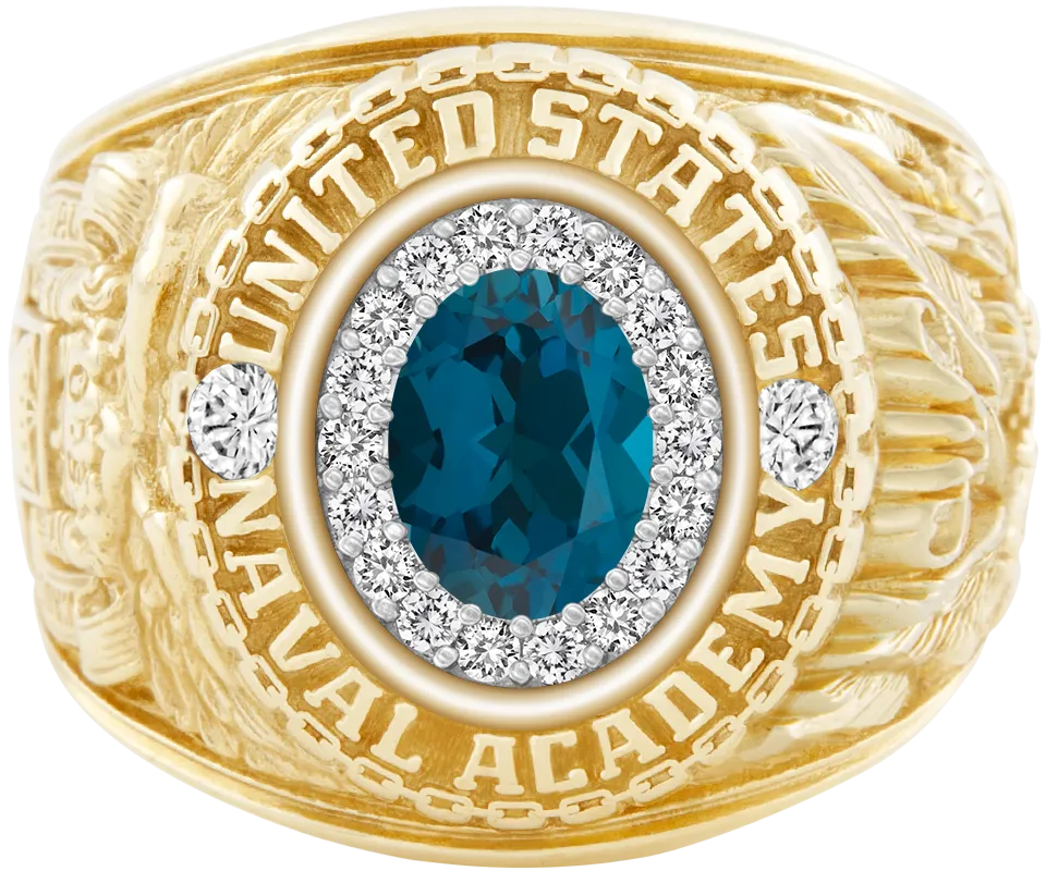 USNA Class Ring Mod with London Blue Topaz Centerpiece and Diamond Dividers