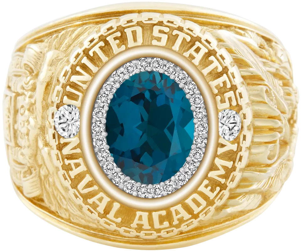 USNA Class Ring Mod with London Blue Topaz Centerpiece and Diamond Dividers