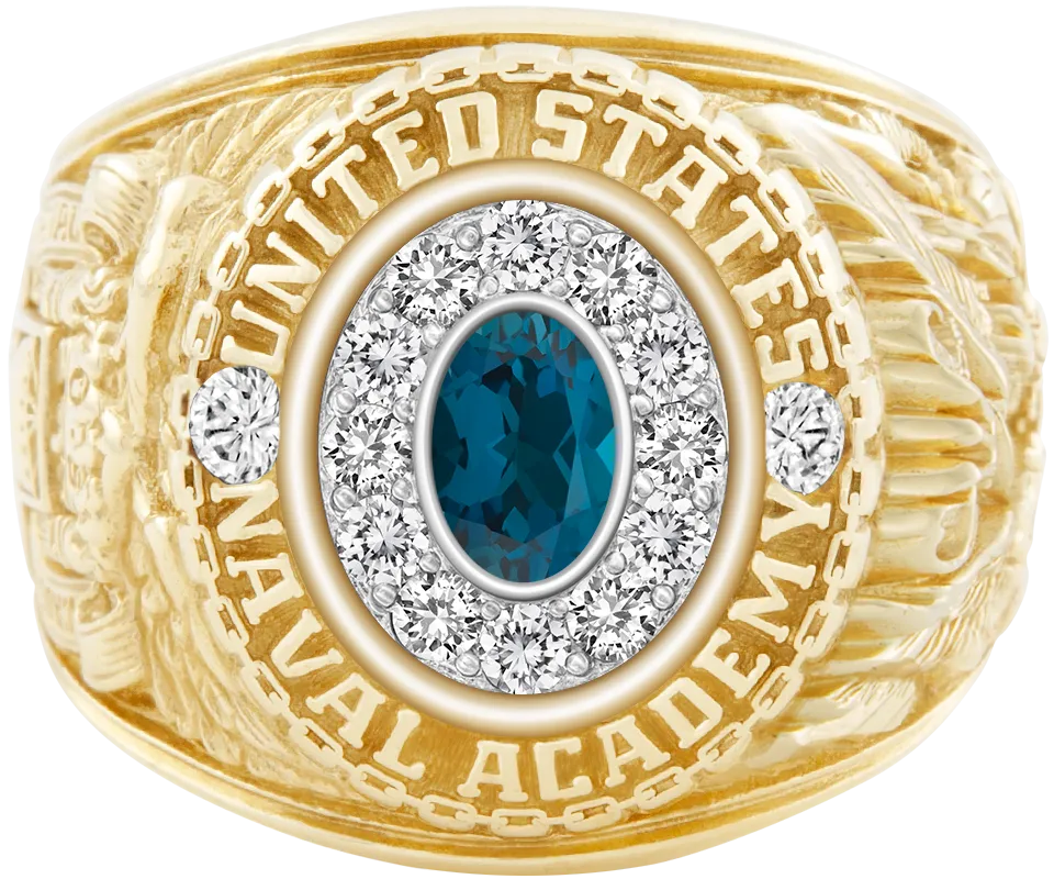 USNA Class Ring Mod with London Blue Topaz Centerpiece and Diamond Dividers