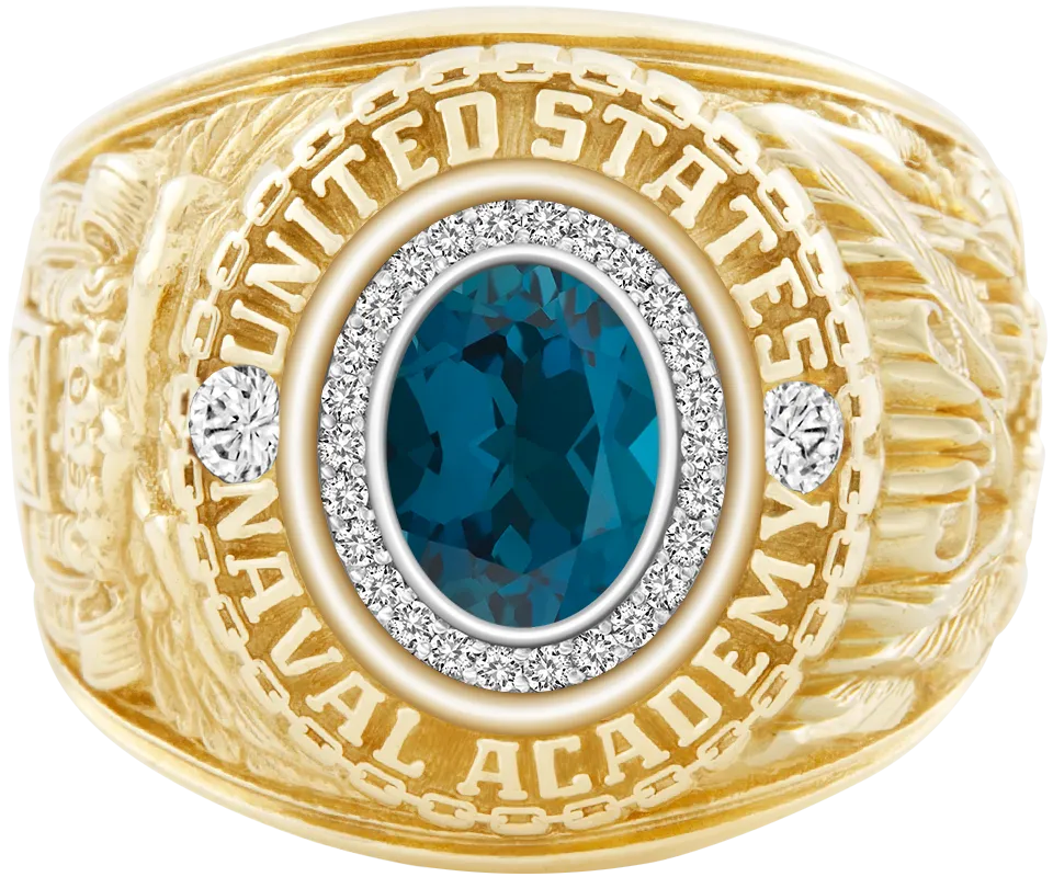 USNA Class Ring Mod with London Blue Topaz Centerpiece and Diamond Dividers