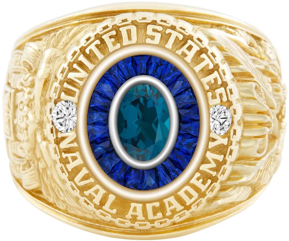 USNA Class Ring Mod with London Blue Topaz Centerpiece and Diamond Dividers