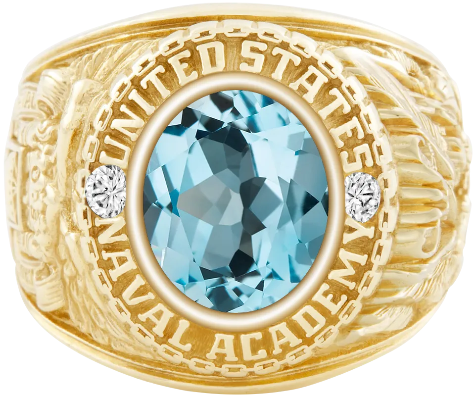 USNA Class Ring Mod with Sky Blue Topaz Centerpiece and Diamond Dividers