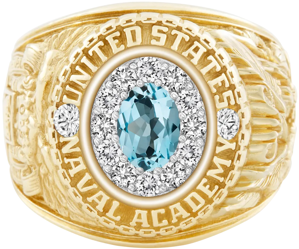 USNA Class Ring Mod with Sky Blue Topaz Centerpiece and Diamond Dividers