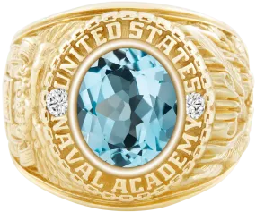 USNA Class Ring Mod with Sky Blue Topaz Centerpiece and Diamond Dividers