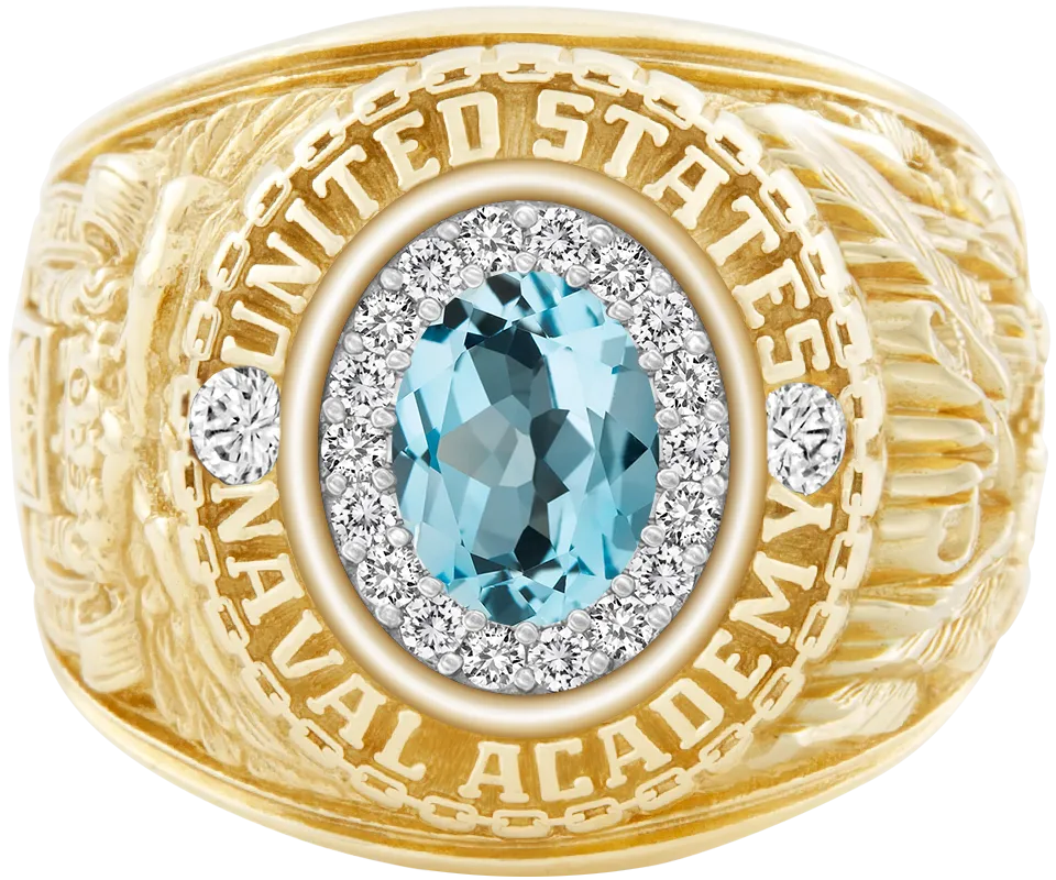 USNA Class Ring Mod with Sky Blue Topaz Centerpiece and Diamond Dividers