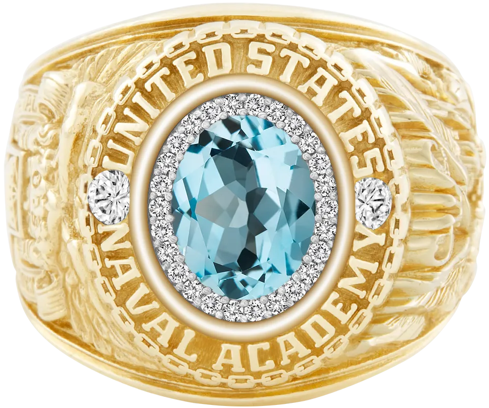 USNA Class Ring Mod with Sky Blue Topaz Centerpiece and Diamond Dividers